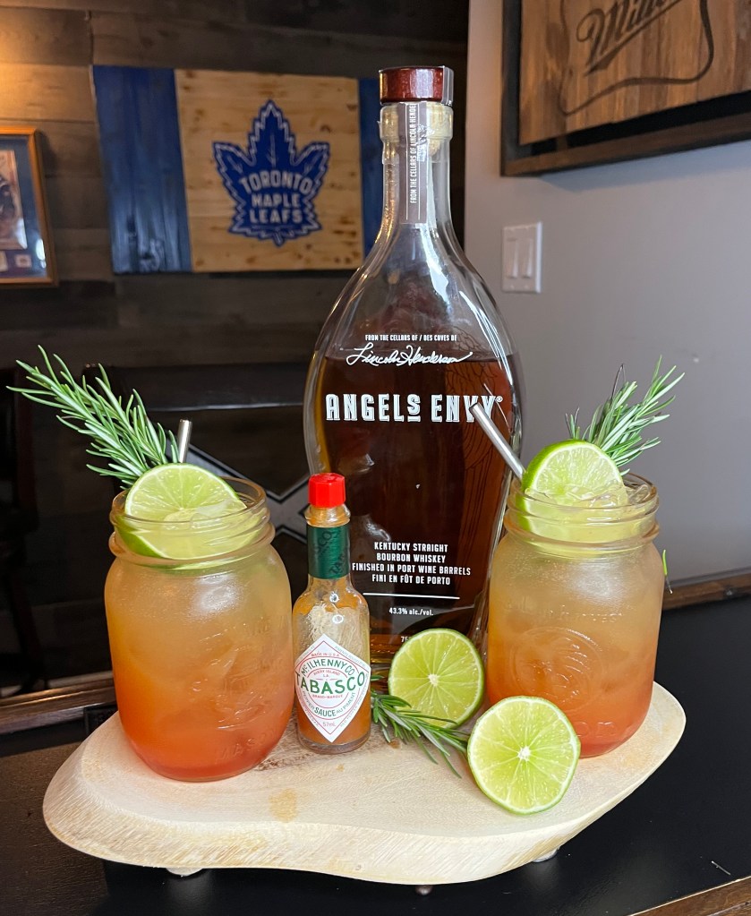 Freshly made Miller’s Amish Pub Bourbon with Spicy Tabasco, limes, and  pineapple with graprefruit juice.