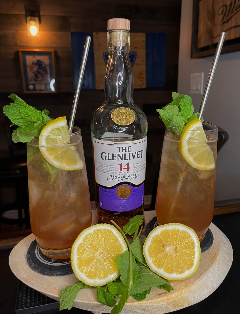 Classy Scotch cocktail in a tall Collins glass, filled with ice and topped with ginger ale. This elegant drink perfectly complements the Scotch with fresh mint, Chambord raspberry liqueur, zesty lemon juice, and a touch of simple syrup. Garnished with expressed mint sprig and lemon. Recipe: Fill Collins glass with ice. In shaker: 6 mint leaves, 1 oz Chambord, 1 oz lemon juice, ½ oz simple syrup, 1.5 oz Scotch. Shake vigorously with ice, double strain into glass, top with ginger ale and stir. Garnish with expressed mint and lemon. Cheers

