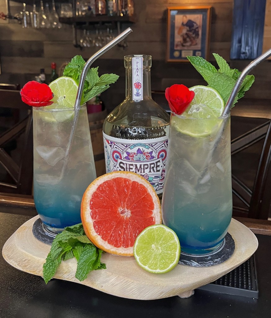 Vibrant layered Azul Cristalina cocktail in a tall Collins glass, showing a striking electric blue base rising into bright pink grapefruit, topped with ginger ale sparkle and garnished with a lime wheel, fresh mint sprig, and red begonia
