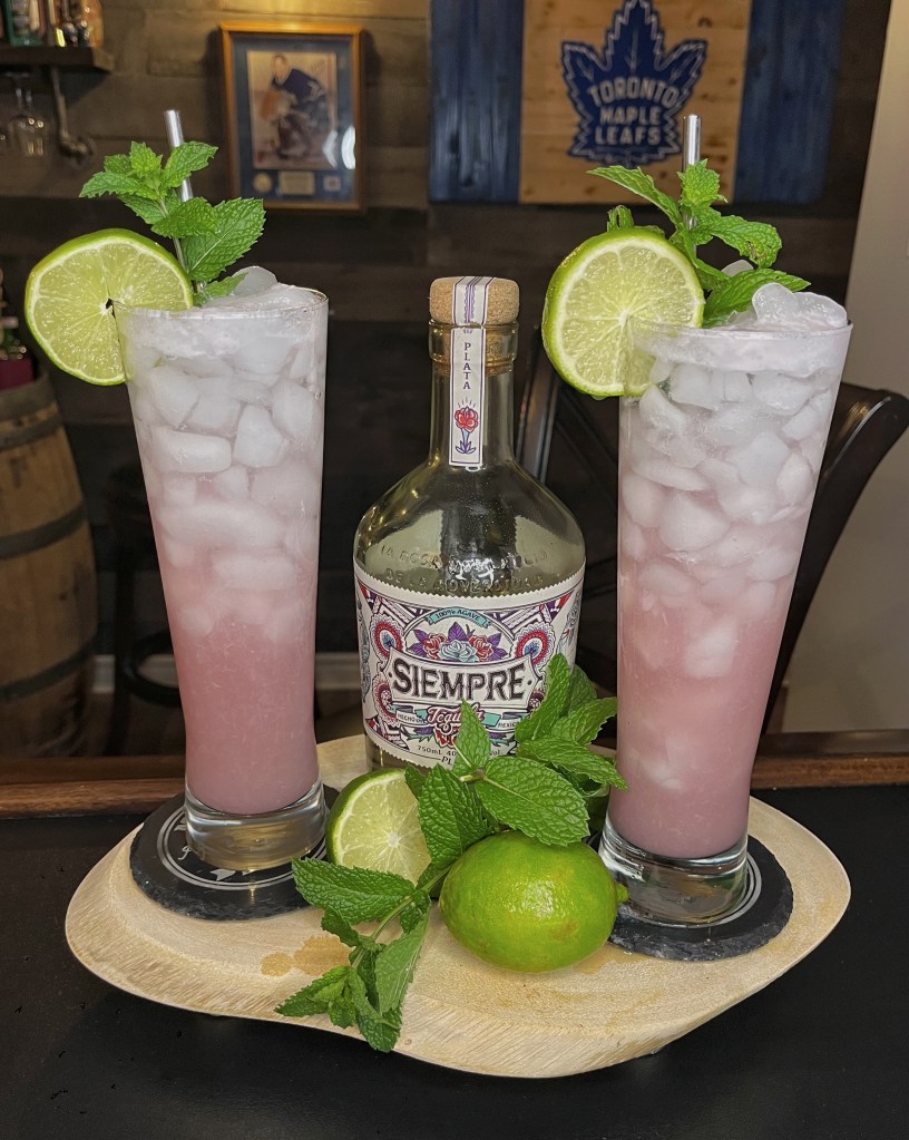 Señor Sling is a soft pink cocktail in a tall sling glass with frothy foam, 
garnished with lime wheel, and a mint sprig.


